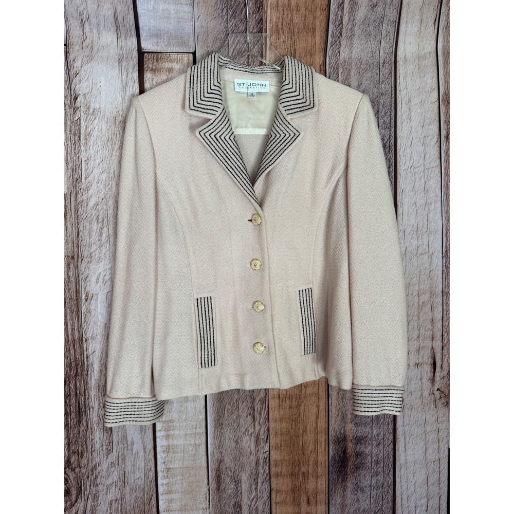 St. John Collection Knit Blazer Light Pink Black Contrast Trim Preppy Size 8 USA